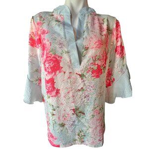 Floral Print Womens Tunic Top With Ruffled Sleeves & Split Neck Design Lightweig
